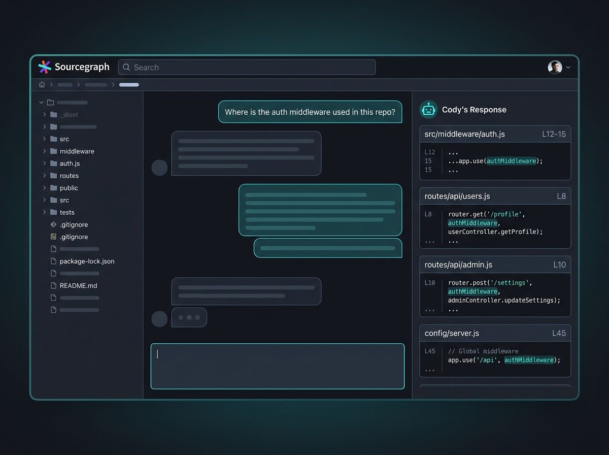 Cody's VS Code interface showing a chat panel asking about a function, the model retrieving relevant code from across the entire codebase via Sourcegraph search, and a multi-file edit suggestion