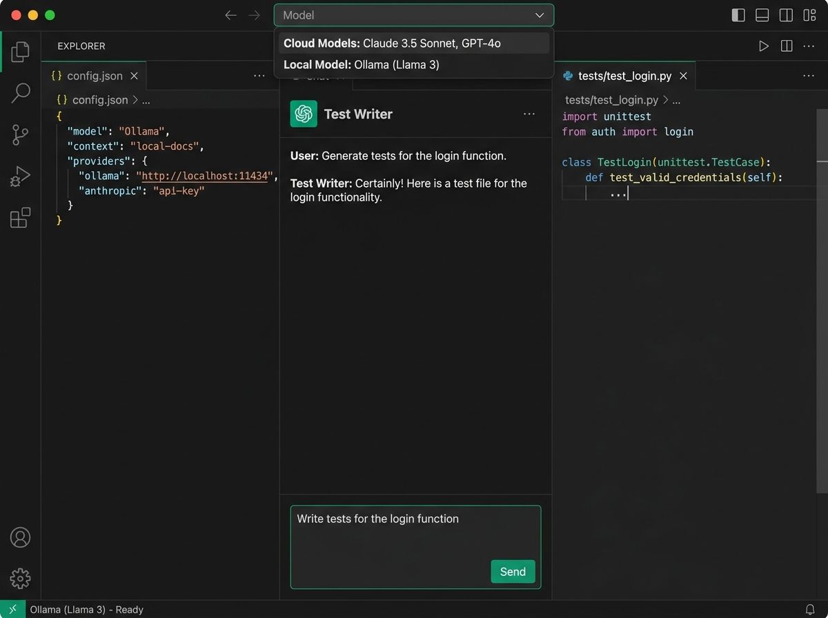 Continue's VS Code interface showing a custom assistant selected, a model picker with both cloud and local models, and a config.json view showing the model, context provider, and slash command definitions
