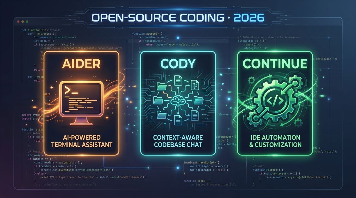 A comparison view of three open-source AI coding tools side by side: Aider (left, terminal with git integration), Cody (center, VS Code with codebase context), Continue (right, VS Code with model picker)