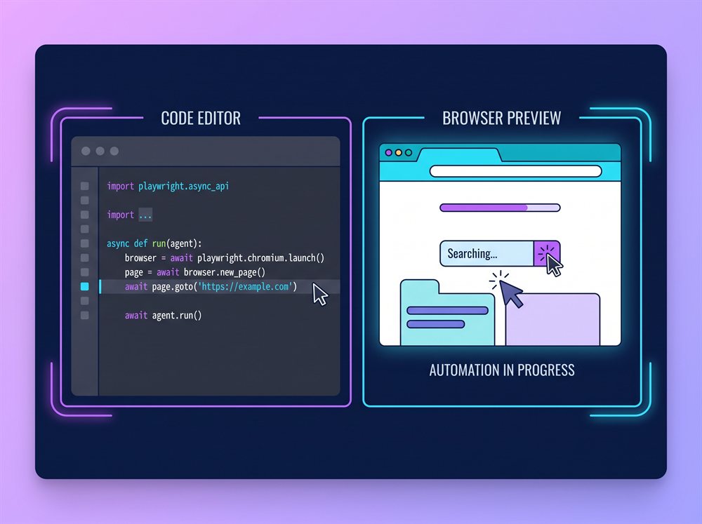 A split view showing a Python code editor on the left with browser automation code and a live browser preview on the right showing the automation in action