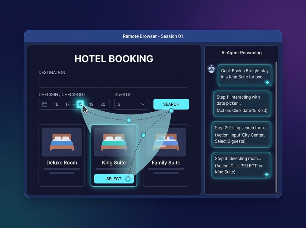A remote browser session interface showing a hotel booking website with a small chat panel on the right side where an AI agent's reasoning and actions are shown