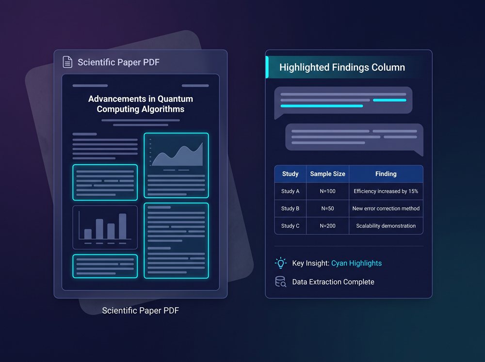A research paper analysis interface showing a paper PDF on the left and an extracted findings column with a data table on the right