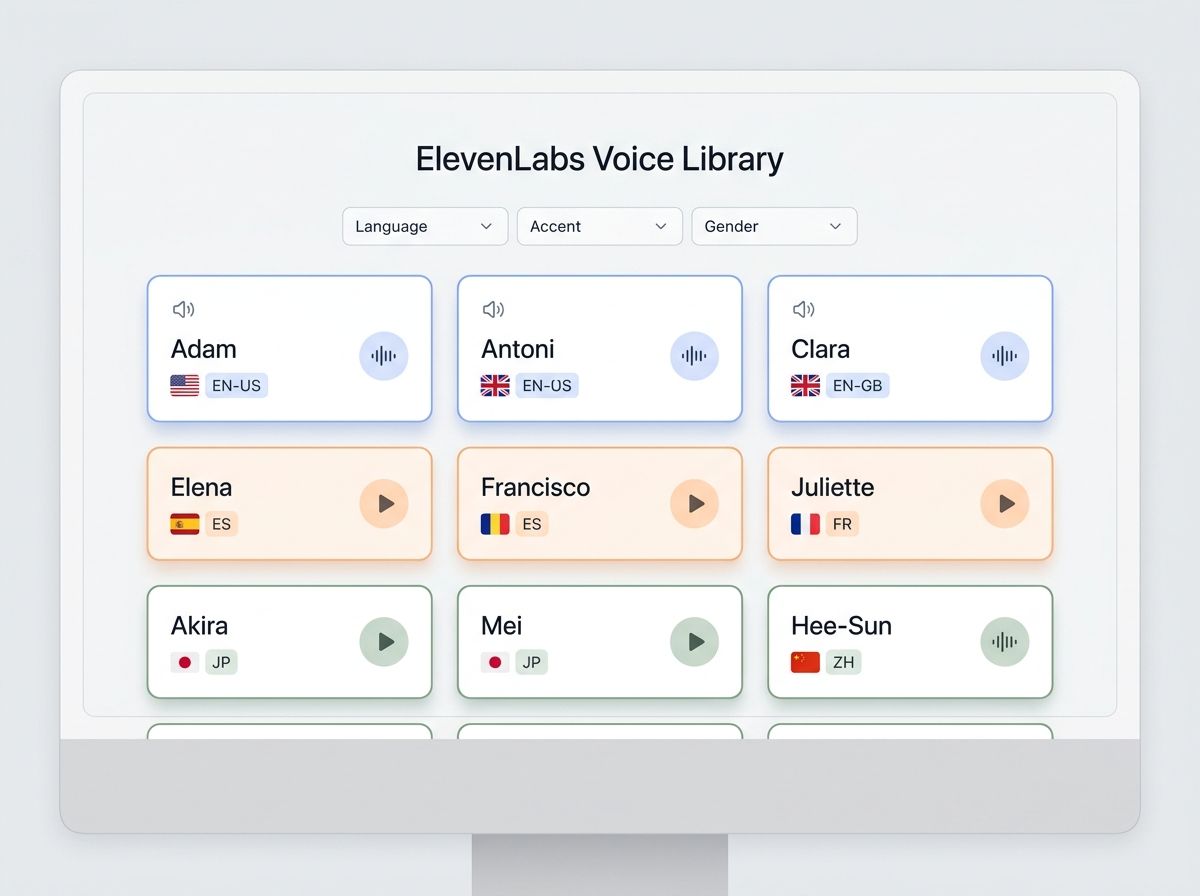 An ElevenLabs voice library interface showing dozens of voice cards with language flags, accent labels, and preview buttons in a browsable grid