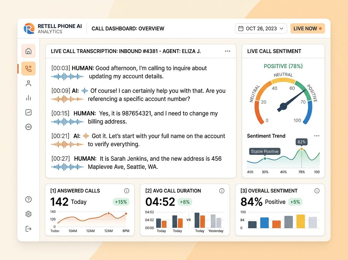 A call analytics dashboard showing an active inbound call with real-time transcription, sentiment analysis, and call outcome metrics