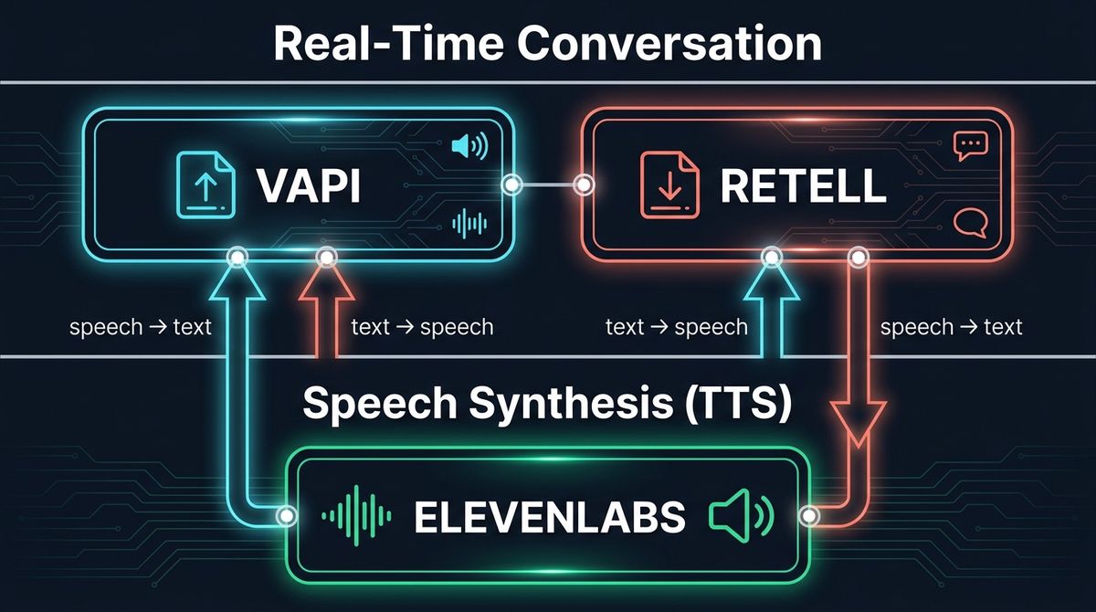 A diagram showing the two-layer voice AI stack: speech synthesis (ElevenLabs) at the bottom, and real-time conversation platforms (VAPI and Retell) at the top, with arrows showing data flow between them