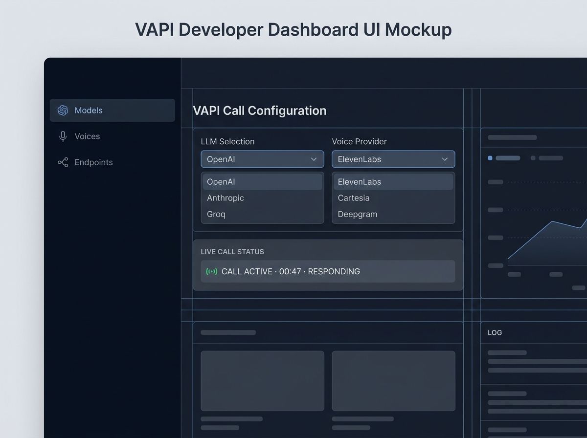 A developer dashboard showing a VAPI call configuration with LLM selection, voice provider options, and a live call status panel