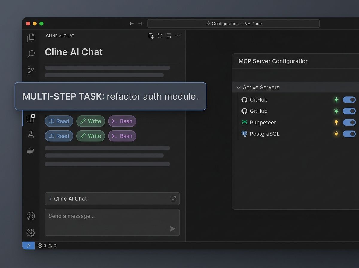 Cline's VS Code sidebar showing a chat panel with an autonomous agent running a multi-step task, tool call badges, and an MCP server configuration panel
