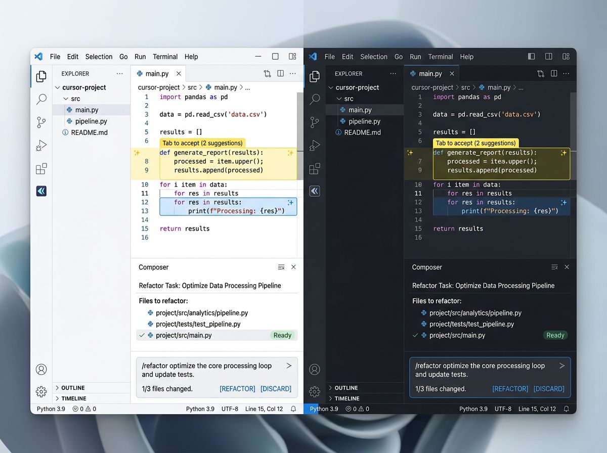 Cursor's interface showing the tab autocomplete in action with inline AI suggestions highlighted, and the Composer panel open with a multi-file task in progress
