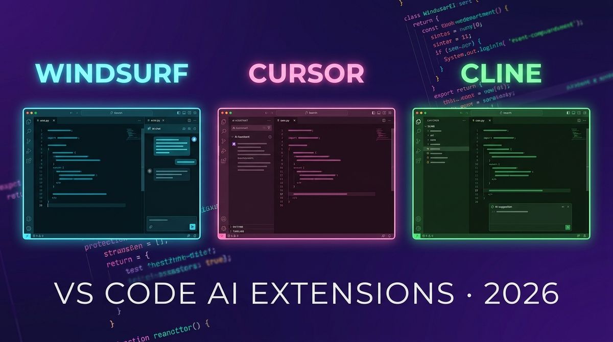 A split-screen showing three VS Code windows side by side: Windsurf with its Cascade AI panel, Cursor with its Composer view, and Cline with its chat interface, all open on the same Python file